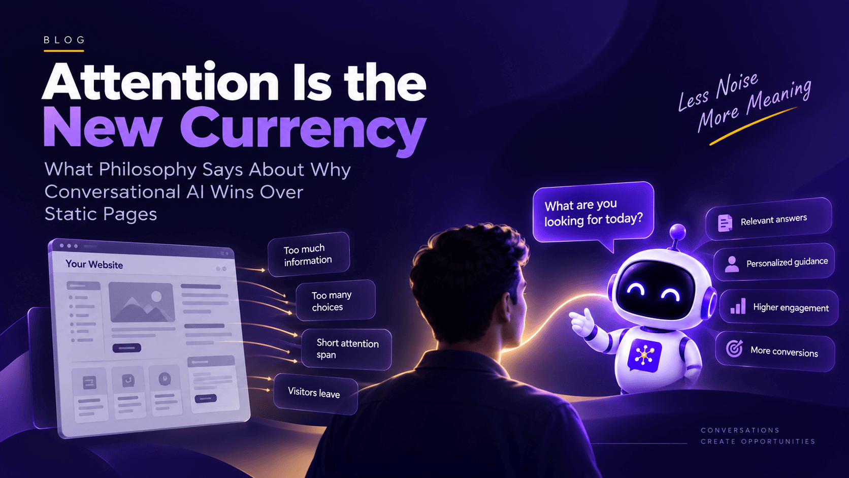 A crowded static web page beside a single chat question, illustrating how conversational AI allocates a visitor's scarce attention
