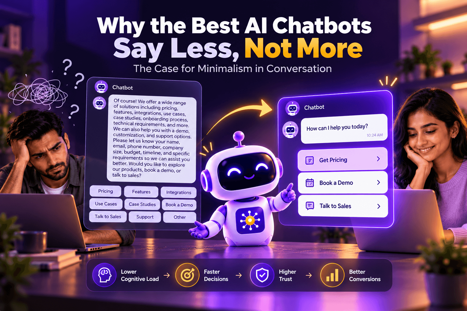 A frustrated visitor facing a chatbot's wall of text and nine buttons beside a relaxed visitor answering a short chatbot question with three clear options