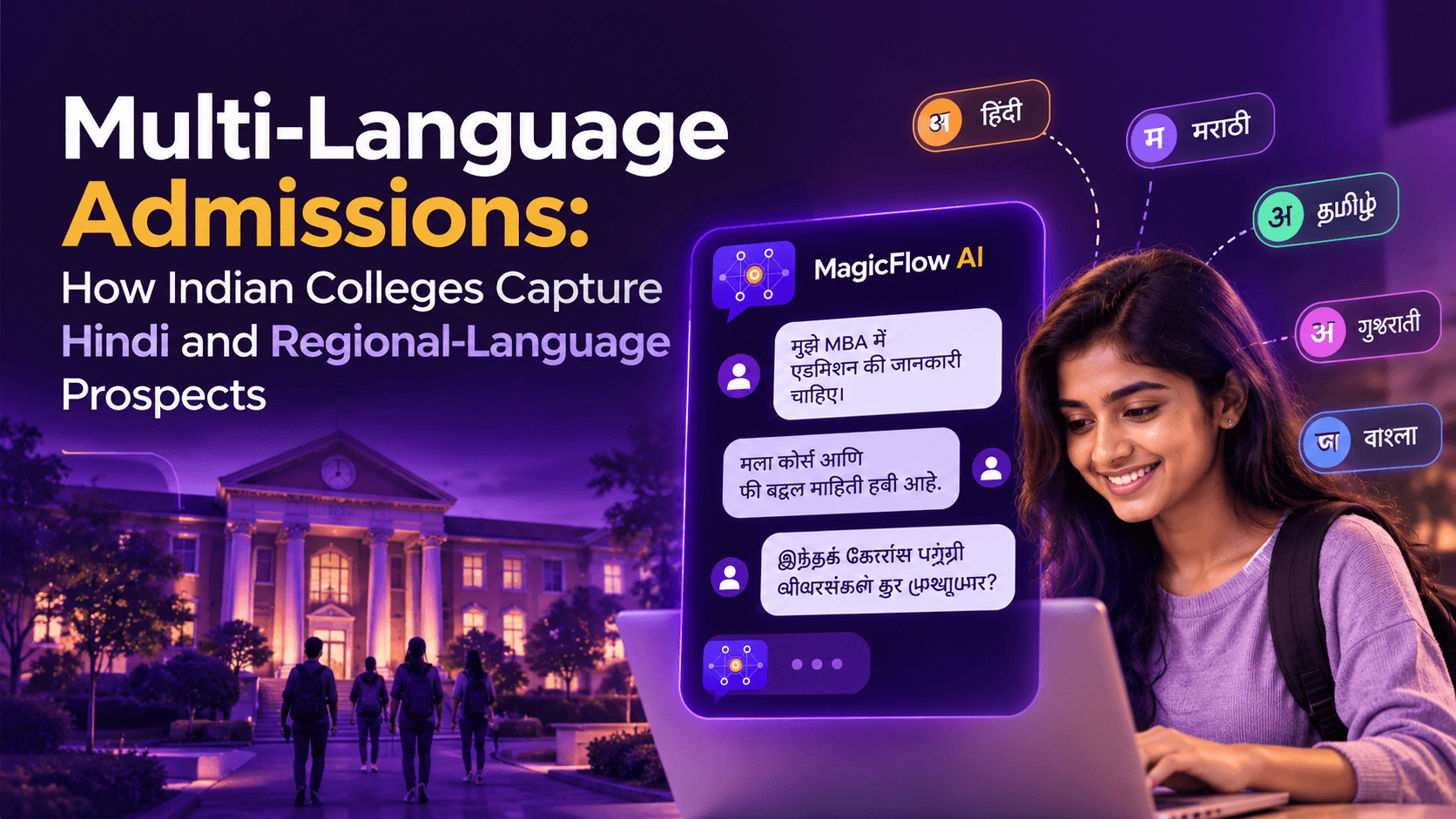 A student on a laptop chatting with the MagicFlow AI admissions chatbot in Hindi, Marathi and Tamil, with Gujarati and Bengali language tags