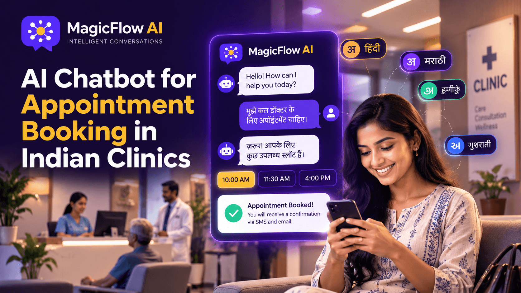 A patient in a clinic waiting area booking an appointment on her phone through the MagicFlow AI chatbot in Hindi, with Marathi and Gujarati language tags and an SMS and email confirmation