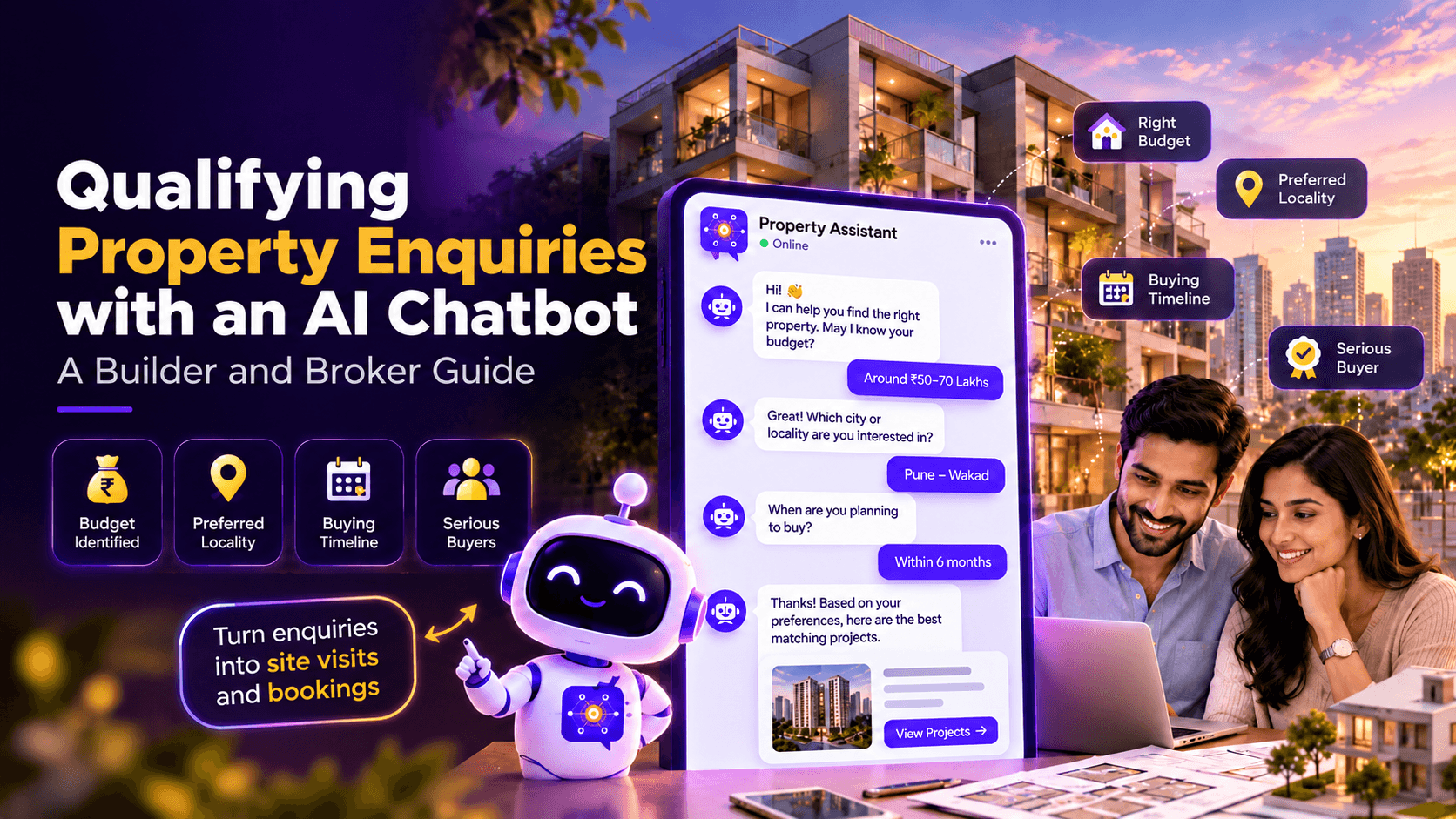A couple reviewing property options on a laptop while the MagicFlow AI property assistant chatbot qualifies their enquiry on budget, preferred locality and buying timeline